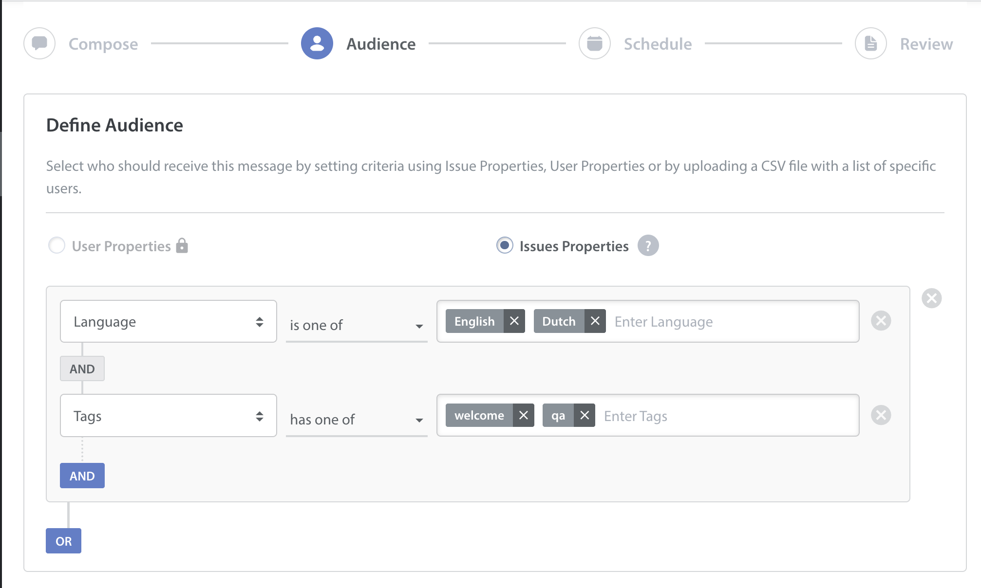 Proactive Engagement notification audience filter on Helpshift admin dashboard